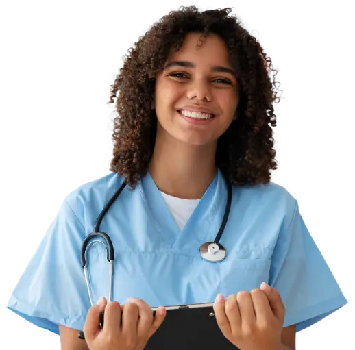 Female nurse working at the clinic in blue scrubs with a stethoscope on